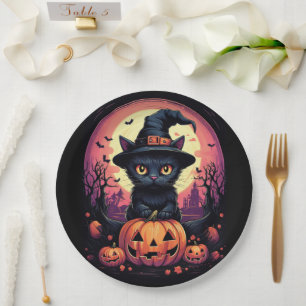 Halloween Black CAT mit Pumpkin und HexenhAT Pappteller