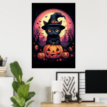 Halloween Black CAT mit Pumpkin und HexenhAT