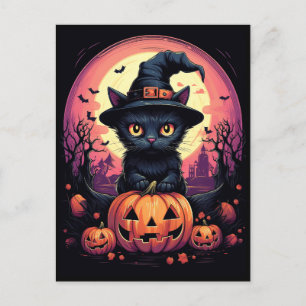 Halloween Black CAT mit Pumpkin und HexenhAT Postkarte