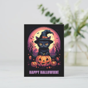 Halloween Black CAT mit Pumpkin und HexenhAT Postkarte