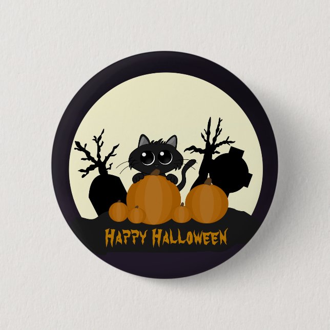 Halloween Black Cat mit Pumpkins auf dem Friedhof Button (Vorderseite)