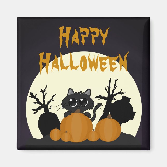 Halloween Black Cat mit Pumpkins auf dem Friedhof Magnet (Vorne)