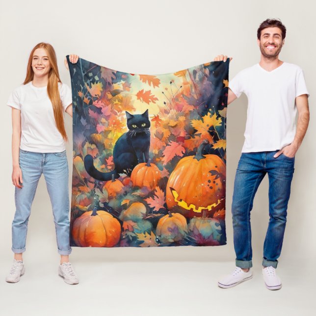 Halloween Black Cat mit Pumpkins Beängstigend Fleecedecke (Beispiel)