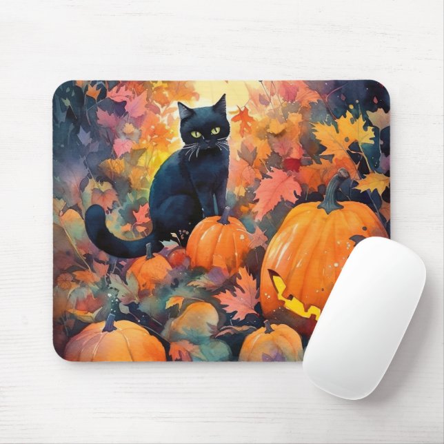 Halloween Black Cat mit Pumpkins Beängstigend Mousepad (Mit Mouse)