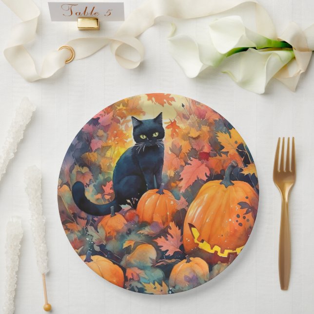 Halloween Black Cat mit Pumpkins Beängstigend Pappteller (Hochzeit)