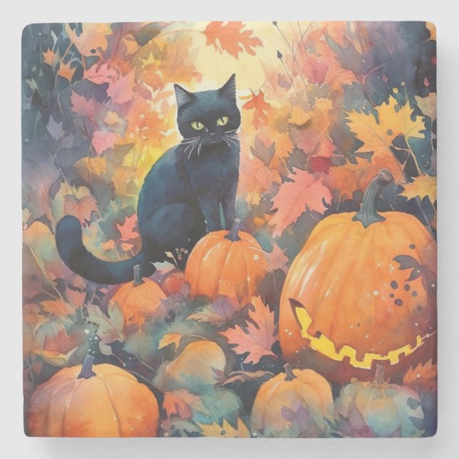 Halloween Black Cat mit Pumpkins Beängstigend Steinuntersetzer (Vorderseite)