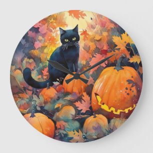 Halloween Black Cat mit Pumpkins Beängstigende Wal Große Wanduhr