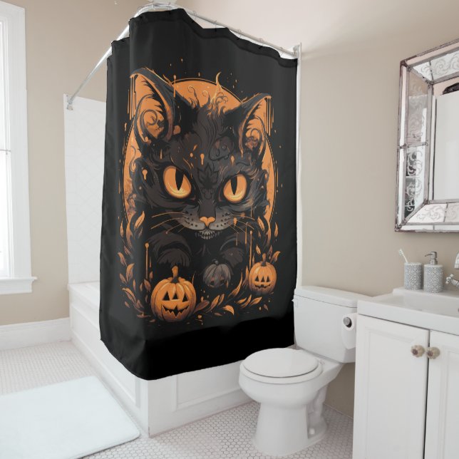 Halloween Black Cat mit Pumpkins und Mond Duschvorhang (Beispiel)