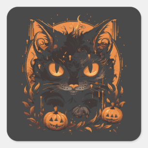 Halloween Black Cat mit Pumpkins und Mond Quadratischer Aufkleber