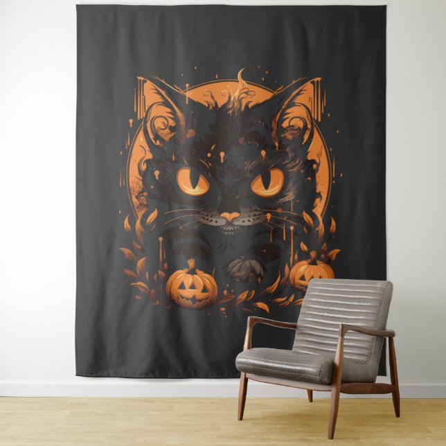 Halloween Black Cat mit Pumpkins und Mond Wandteppich (Beispiel)