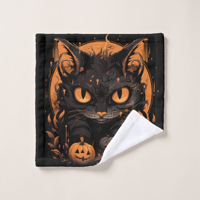 Halloween Black Cat mit Pumpkins und Mond Waschlappen (Waschlappen)