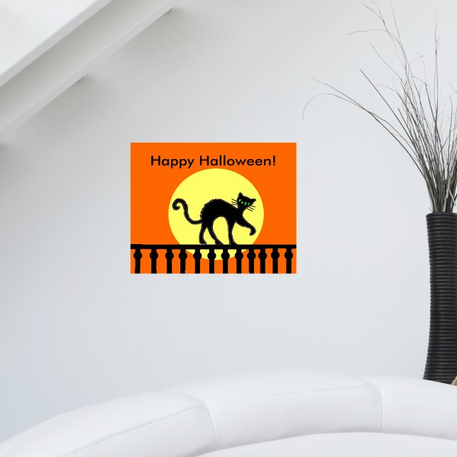 Halloween Black Cat Moon Fence Poster (Black cat arched back on black fence yellow moon on orange Happy Halloween wall poster decoration.)