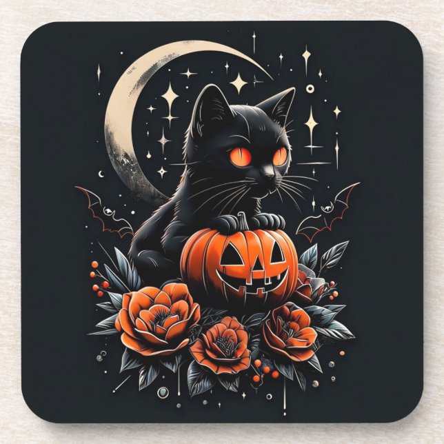 Halloween Black Cat, Moon & Pumpkin Getränkeuntersetzer (Vorderseite)