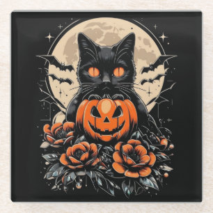 Halloween Black Cat, Moon & Pumpkin Glasuntersetzer