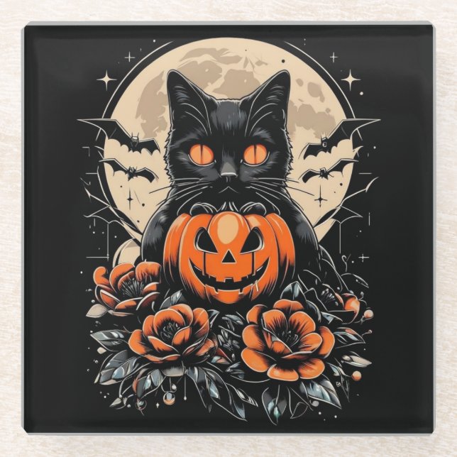 Halloween Black Cat, Moon & Pumpkin Glasuntersetzer (Vorderseite)