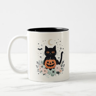 Halloween Black Cat, Moon & Pumpkin Zweifarbige Tasse