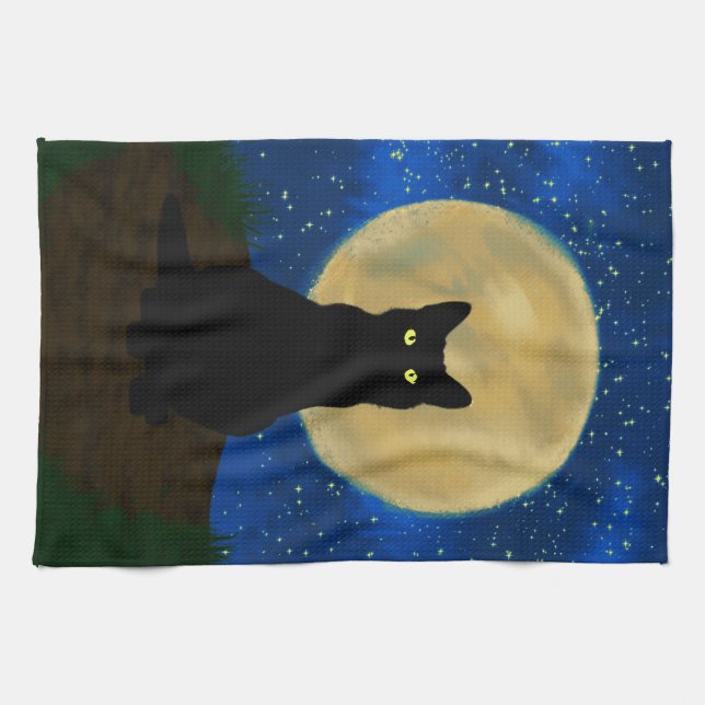 Halloween Black Cat Moonlit Silhouette  Geschirrtuch (Horizontal)