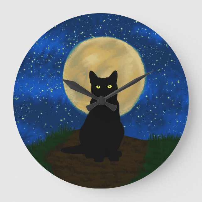 Halloween Black Cat Moonlit Silhouette Große Wanduhr (Vorderseite)