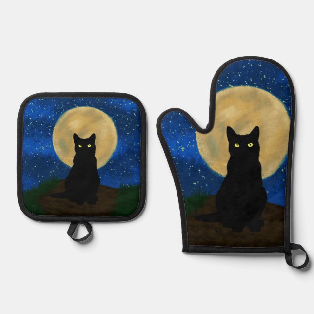 Halloween Black Cat Moonlit Silhouette  Ofenhandschuh & Topflappen-Set (Vorderseite)
