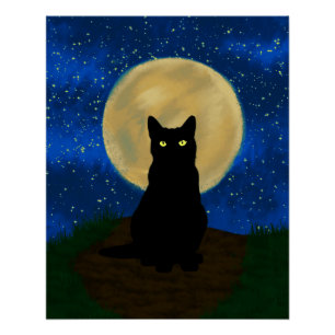 Halloween Black Cat Moonlit Silhouette Poster