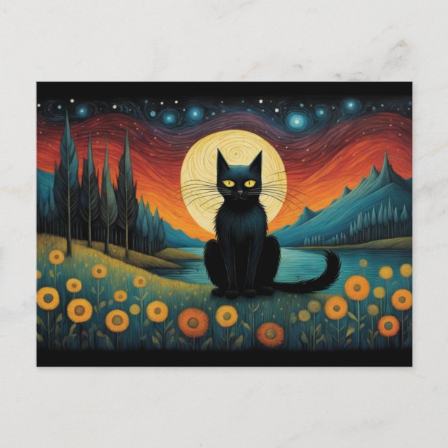Halloween Black Cat Mountain Lakeside Vollmond Postkarte (Vorderseite)