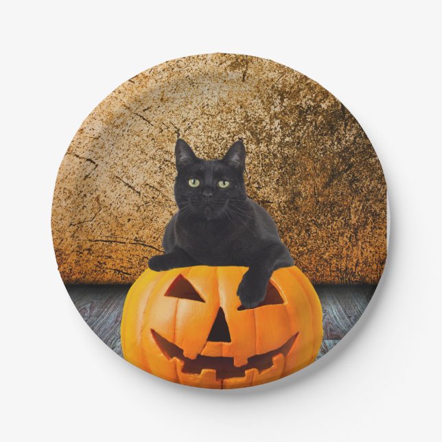 Halloween Black Cat On Pumpkin 7" Paper Teller (Vorderseite)