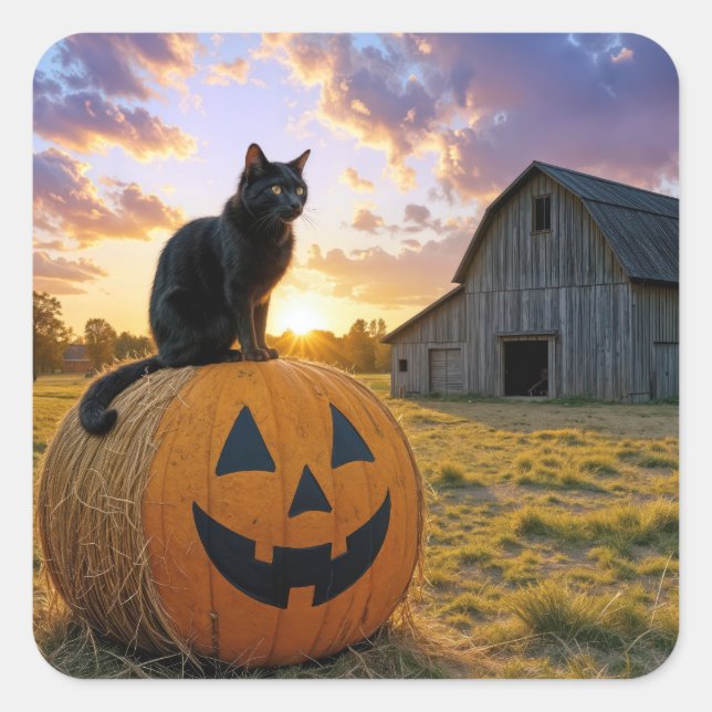 Halloween Black Cat On Pumpkin Hay Bale Quadratischer Aufkleber (Vorderseite)