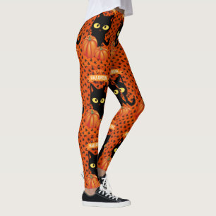 Halloween Black Cat, Orange Pattern Leggings
