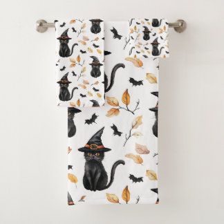 Halloween Black Cat Pattern - Witchy Cat Badhandtuch Set