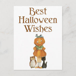 Halloween Black Cat, Pumpkin Girl und Owl Postkarte