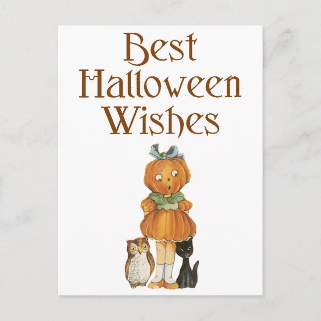 Halloween Black Cat, Pumpkin Girl und Owl Postkarte (Vorderseite)