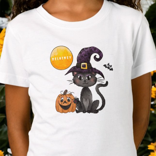 Halloween Black Cat Pumpkin Name T-Shirt (Von Creator hochgeladen)