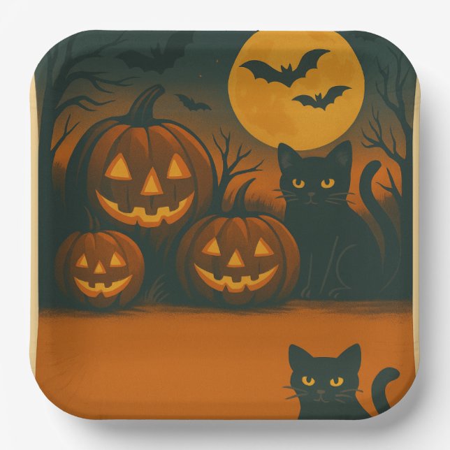 Halloween Black Cat & Pumpkin-Teller - Pappteller (Vorderseite)