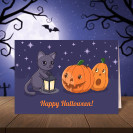 Halloween Black Cat Pumpkins Lantern Purple Karte