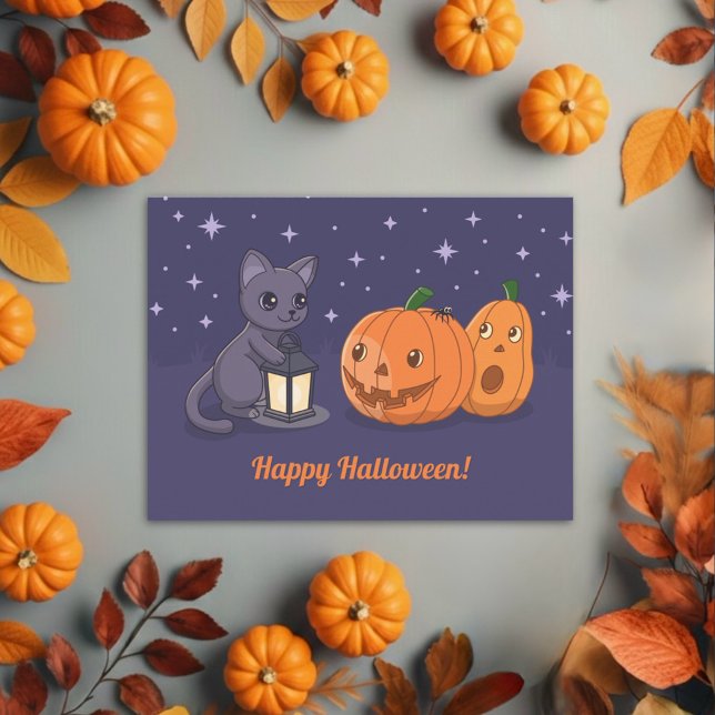 Halloween Black Cat Pumpkins Lantern Purple Postkarte (Von Creator hochgeladen)