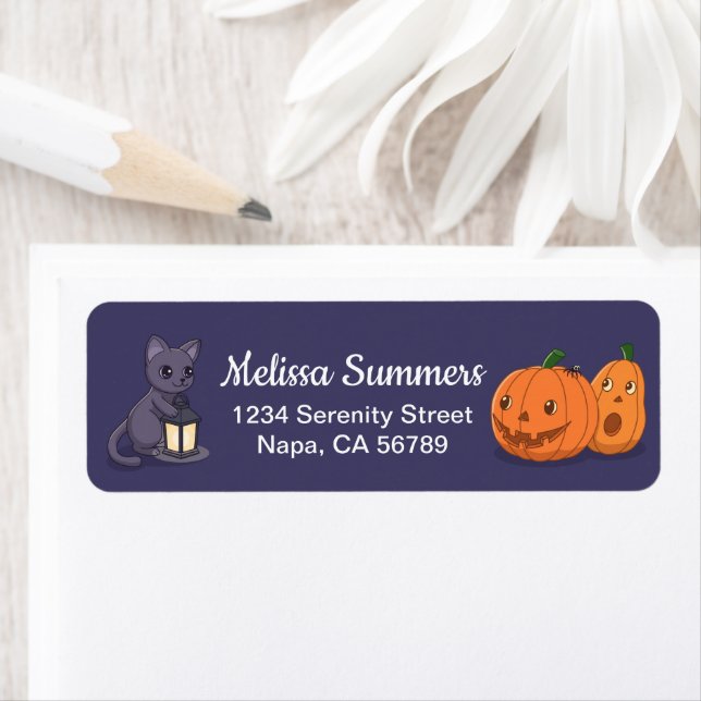 Halloween Black Cat Pumpkins Purple Return Address (Insitu)