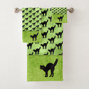 Halloween Black Cat Silhouette Muster Green BG Badhandtuch Set