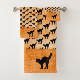 Halloween Black Cat Silhouette Muster Orange BG Badhandtuch Set