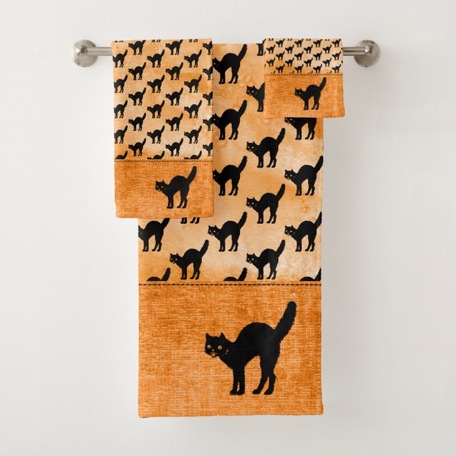 Halloween Black Cat Silhouette Muster Orange BG Badhandtuch Set (Insitu)