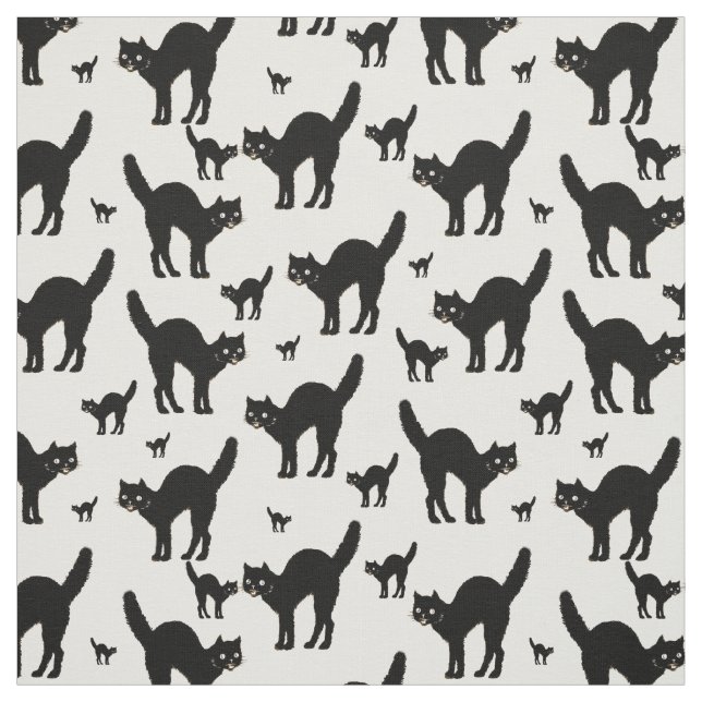 Halloween Black Cat Silhouette Muster White BG Stoff (Muster)