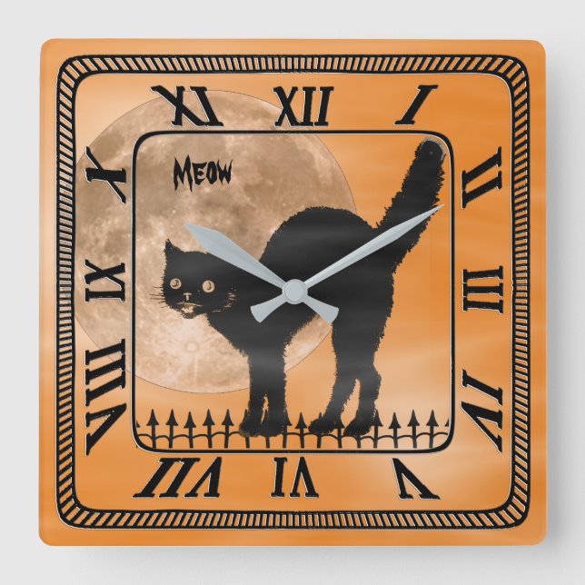 Halloween Black Cat Silhouette | Orange Quadratische Wanduhr (Vorderseite)