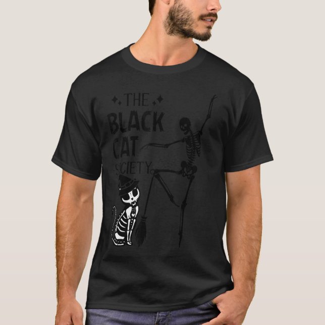 Halloween Black Cat Society Skelettanzen T-Shirt (Vorderseite)