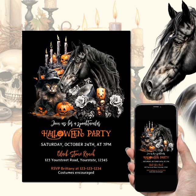 Halloween Black Cat Spooky Einladung (Horse lover Halloween party invitation with black horse, black cat, pumpkins, candles and black rose)