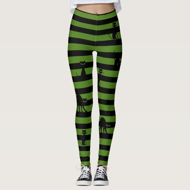 Halloween Black Cat & Stripes Leggings Olive Green (Vorderseite)