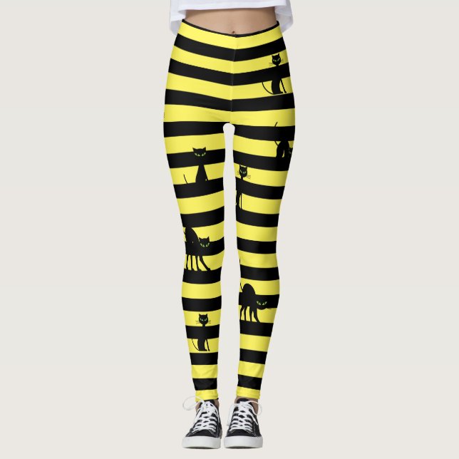 Halloween Black Cat & Stripes Leggings Yellow (Vorderseite)