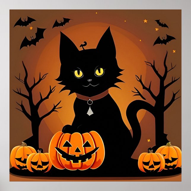 Halloween Black Cat Umgeben von Jack-o'-Lanterns Poster (Vorne)