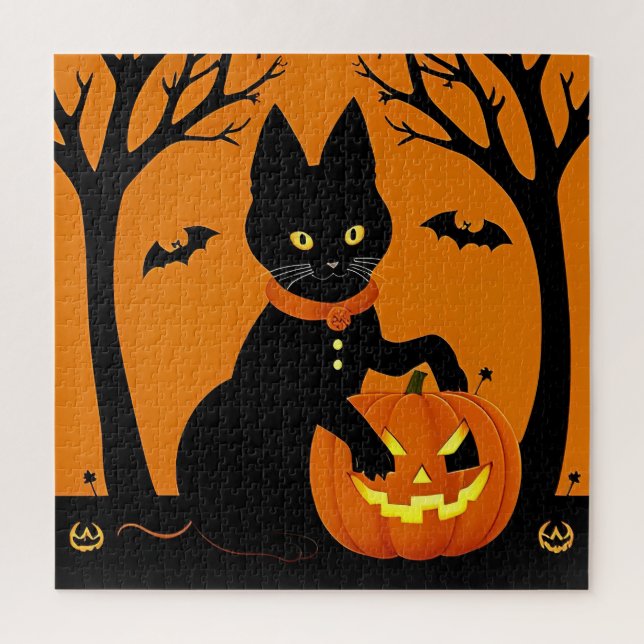 Halloween Black Cat Umgeben von Jack-o'-Lanterns Puzzle (Vertikal)