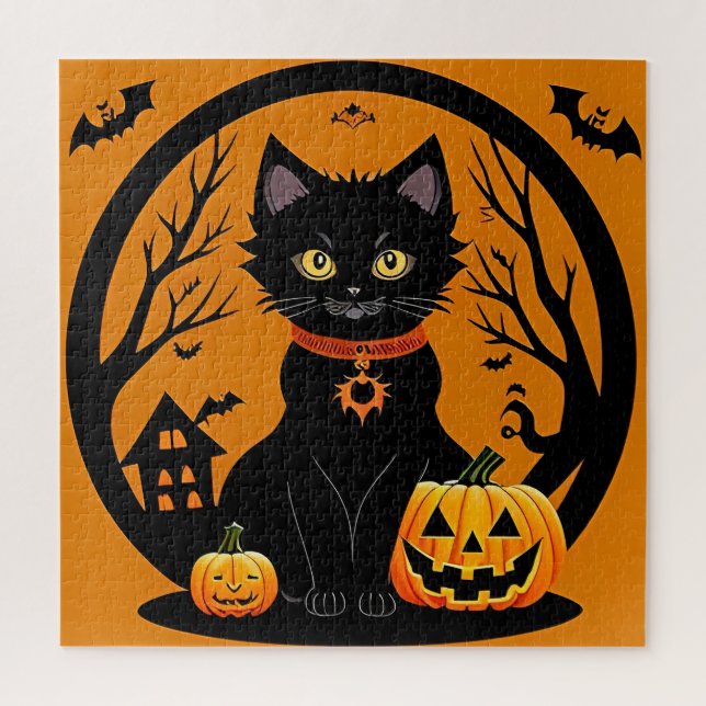 Halloween Black Cat Umgeben von Jack-o'-Lanterns Puzzle (Vertikal)