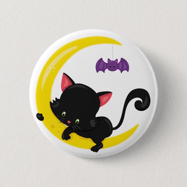 Halloween Black Cat und Bat auf Crescent Moon Button (Vorderseite)