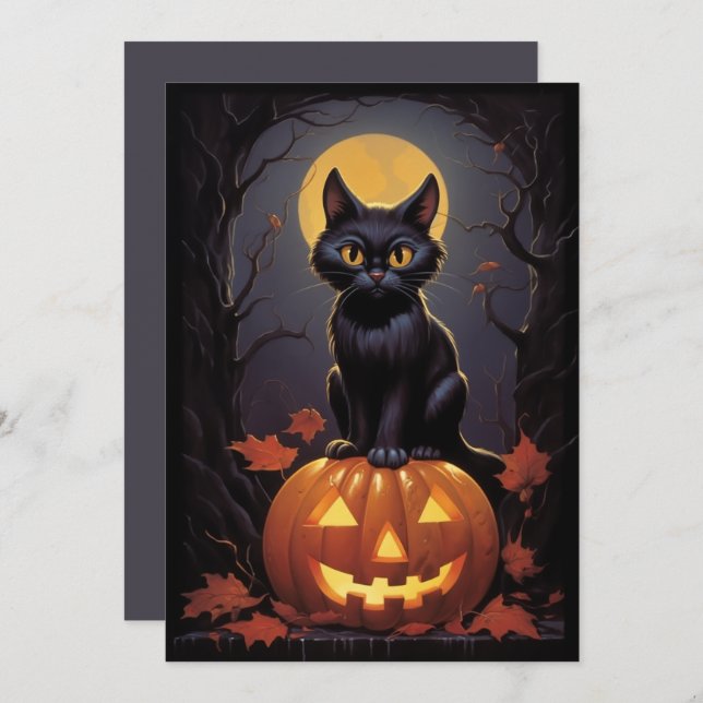 Halloween Black Cat und Pumpkin Einladung (Vorne/Hinten)